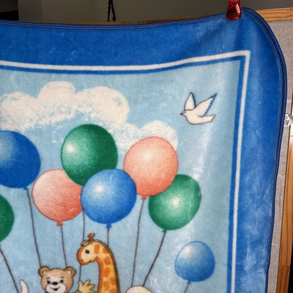 Vintage NovaTex Baby Blanket‎ Hot Air Balloon Nursery Animals Zoo Clouds 43 X 51